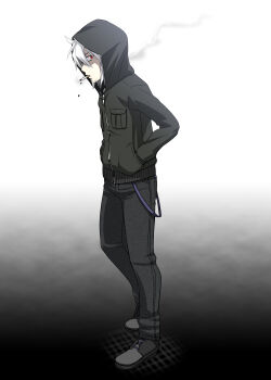 1boy caffein cigarette hands_in_pockets highres honne_dell hood hooded_jacket jacket male_focus red_eyes shoes sideways_glance smoking sneakers solo vocaloid white_hair