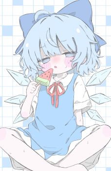 1girl absurdres alt_text barefoot blue_bow blue_dress blue_eyes blue_hair blush bow cirno commentary_request dress fairy food hair_between_eyes hand_up highres ice ice_wings izumi_(yura_izumi) looking_at_viewer medium_hair parted_lips popsicle shirt short_sleeves sitting solo sweat sweatdrop touhou watermelon_bar white_shirt wings