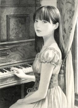 Rule 34 | 1girl, commentary request, dress, expressionless, highres, indoors, instrument, kondo yuika, long hair, looking at viewer, monochrome, original, piano, sitting, solo, traditional media, upright piano