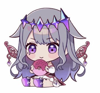 1girl animated animated_gif blush_stickers chibi closed_eyes closed_mouth detached_wings donut dress eating food full_body grey_hair hair_flaps happy holojustice hololive hololive_english koseki_bijou long_sleeves noraneco117 purple_eyes purple_footwear simple_background sitting solo tiara virtual_youtuber white_background white_dress wings