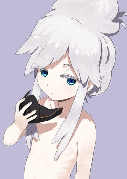 1girl black_mask blue_eyes commentary deux_murasame expressionless flat_chest gundam gundam_gquuuuuux holding holding_mask jiji_(aardvark) loli looking_at_viewer mask nude solo unworn_mask updo upper_body white_hair