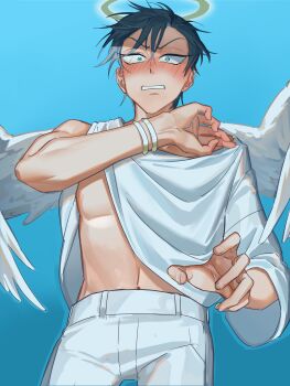 1boy absurdres alien_stage alternate_costume angel angel_wings aqua_eyes asymmetrical_shirt blue_background blush bracelet commentary english_commentary grey_hair halo highres jewelry kuradrawings male_focus pants pectorals shirt short_hair solo till_(alien_stage) traditional_halo very_short_hair white_pants white_shirt white_wings wings