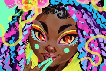 Rule 34 | 1girl, aqua nails, blue eyeliner, blue hair, box braids, chi chi (dollightful), closed mouth, dollightful, eyeliner, eyeshadow, highres, lips, looking at viewer, makeup, multicolored hair, nose, orange eyes, orange eyeshadow, painterly, pink hair, purple hair, round nose, skatankata, smile, thick eyebrows, very long fingernails, yellow eyeshadow