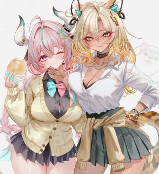 2girls :3 alternate_costume animal_ears aqua_hair artist_name blonde_hair bread breasts cleavage closed_mouth food genshin_impact green_eyes grey_background hair_between_eyes highres jaguar_ears jaguar_girl jaguar_tail large_breasts long_hair looking_at_viewer melon_bread multicolored_hair multiple_girls one_eye_closed pink_hair pottsness purple_eyes school_uniform shirt smile standing tail two-tone_hair varesa_(genshin_impact) white_shirt xilonen_(genshin_impact)