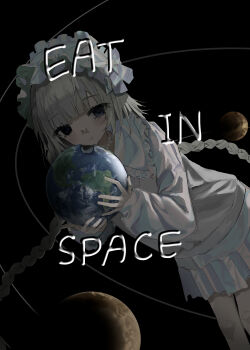 1girl absurdres bandaid bandaid_on_face bandaid_on_nose black_background blue_eyes blue_skirt blunt_bangs bonnet braid chewing choker closed_mouth commentary_request earth_(planet) eating english_text feet_out_of_frame frilled_choker frilled_shirt_collar frills giant giantess grey_hair hayu_(hayu0305) highres holding_planet long_hair long_sleeves looking_at_viewer orbital_path original planet pleated_skirt simple_background skirt solar_system solo space star_(symbol) sweater twin_braids twintails very_long_hair white_choker white_sweater