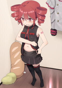 1girl ahoge baguette belly black_bra black_shirt black_skirt black_thighhighs blush bra bread breasts bright_pupils buttons commentary drill_hair fatass_teto_(meme) food fruit fuka_(kantoku) full_body highres indoors kasane_teto kasane_teto_(utau) medium_breasts meme navel no_shoes number_tattoo open_mouth pear pleated_skirt red_eyes red_hair shirt short_hair shoulder_tattoo skirt sleeveless sleeveless_shirt solo standing stuffed_food synthesizer_v tattoo thighhighs twin_drills underwear utau weight_conscious white_pupils wooden_floor