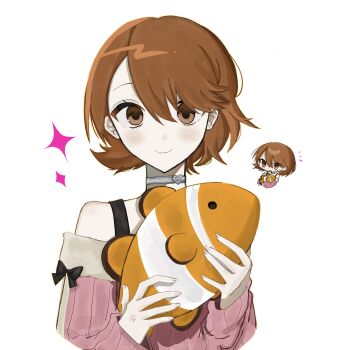 1girl animal bare_shoulders blush bra_strap brown_eyes brown_hair choker closed_mouth commentary_request fish fur-trimmed_sweater fur_trim hair_between_eyes heart heart_choker highres holding holding_animal holding_fish long_sleeves looking_at_viewer notice_lines off-shoulder_sweater off_shoulder official_alternate_costume persona persona_3 pink_sweater ribbed_sweater short_hair simple_background smile solo sparkle straight-on sweater takeba_yukari upper_body white_background white_choker xyurux0