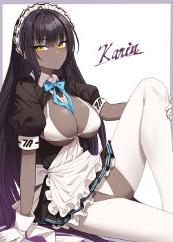Rule 34 | 1girl, black dress, black hair, blue archive, blue bow, blue bowtie, blush, bow, bowtie, breasts, cleavage, collar color, commentary request, dark-skinned female, dark skin, dress, gloves, gradient hair, highres, karin (blue archive), large breasts, looking at viewer, maid headdress, missing halo, multicolored hair, panties, puffy short sleeves, puffy sleeves, short sleeves, sitting, solo, thighhighs, thighs, underwear, white gloves, white panties, white thighhighs, yellow eyes