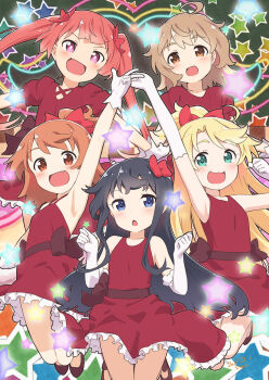 5girls :3 :d armpits black_hair blonde_hair blue_eyes bow brown_eyes brown_hair commentary dress elbow_gloves errant fang frilled_dress frills gloves green_eyes hair_bow happy_happy_friends himesaka_noa hoshino_hinata konomori_kanon long_hair matching_outfits multiple_girls open_mouth orange_hair ponytail purple_eyes red_dress shirosaki_hana short_hair smile star_(symbol) tanemura_koyori twintails v watashi_ni_tenshi_ga_maiorita! white_gloves