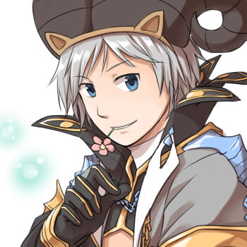 Rule 34 | 1boy, animal ears, black bodysuit, black gloves, blue eyes, bodysuit, brown horns, cat ears, chain, coat, commentary request, fake animal ears, fake horns, flower, flower in mouth, gloves, grey coat, grey hair, grin, horns, huge horns, long sleeves, looking at viewer, male focus, natsuya (kuttuki), pink flower, ragnarok online, shirt, short hair, smile, solo, upper body, warlock (ragnarok online), white background, white shirt