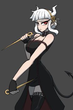 1girl absurdres bare_shoulders black_dress black_gloves black_hair blush breasts cleavage cosplay dagger demon_girl demon_horns demon_tail dress earrings gloves gold_earrings gold_hairband gold_headband hair_ornament hairband helltaker highres holding holding_dagger holding_knife holding_weapon horns jewelry knife large_breasts long_hair looking_at_viewer lucifer_(helltaker) mole mole_under_eye red_eyes reverse_grip sidelocks solo spy_x_family ssussong stiletto_(weapon) tail thighhighs two-sided_dress two-sided_fabric weapon white_hair white_horns yor_briar yor_briar_(cosplay)