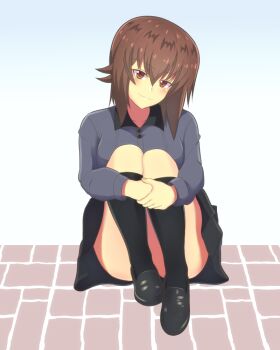1girl black_footwear black_skirt black_socks blush breasts brick_floor brown_eyes brown_hair buttons closed_mouth commentary_request dress_shirt frown girls_und_panzer grey_shirt hair_between_eyes iteza_(flapper_girl_25) kuromorimine_school_uniform large_breasts long_sleeves looking_at_viewer miniskirt nishizumi_maho own_hands_together pleated_skirt school_uniform shirt short_hair sitting skirt smile socks solo wing_collar