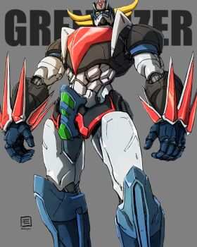 absurdres grendizer grendizer_(grendizer_u) grendizer_u highres horns huge_horns looking_at_viewer mazinger_(series) mecha mecha_focus moyan nagai_gou_(style) no_humans redesign retro_artstyle robot science_fiction super_robot super_robot_wars ufo_robo_grendizer western_comics_(style) yellow_eyes