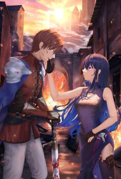 armor black_hair blue_eyes breasts brown_hair dress fantasy fire gloves highres holding holding_sword holding_weapon lumos_(noblese96) medium_breasts oscar_(unnamed_memory) sunset sword tagme tinasha_(unnamed_memory) unnamed_memory weapon