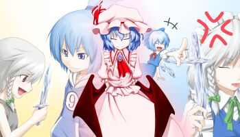 >:d circled_9 +++ 3girls :d :p ^_^ age_progression age_regression anger_vein bat_wings blue_eyes blue_hair braid cirno cirno-nee closed_eyes closed_eyes female_focus flashback hat izayoi_sakuya kentairui knife light_smile multiple_girls aged_up open_mouth red_eyes remilia_scarlet ribbon short_hair silver_hair smile throwing_knife tongue tongue_out touhou v-shaped_eyebrows weapon wings aged_down