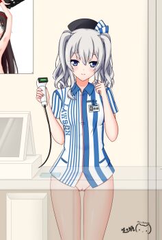 1girl artist_logo artist_name artist_self-reference barcode_scanner beret black_hat blue_eyes blue_shirt blush bottomless cash_register cashier character_name chinese_commentary cleft_of_venus closed_mouth commentary counter cowboy_shot double-parted_bangs employee_uniform english_commentary exhibitionism furrowed_brow gluteal_fold grey_hair hair_between_eyes hat hat_ribbon holding holding_barcode_scanner id_card indoors kantai_collection kashima_(kancolle) kashima_(lawson)_(kancolle) lawson logo long_sidelocks looking_at_viewer mixed-language_commentary multilingual_commentary nail_polish original pink_nails ppshex public_indecency pussy ribbon shirt sidelocks signature smile solo store_clerk striped_clothes striped_shirt twintails twirling_hair two-tone_shirt vertical-striped_clothes vertical-striped_shirt white_shirt x-ray