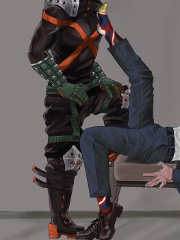 bakudeku bakugou_katsuki boku_no_hero_academia highres inminent_sex leg_up lying midoriya_izuku mort1713 pants scar shirt socks superhero_costume teacher yaoi