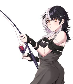 1girl absurdres black_hair black_nails fishing fishing_line fishing_rod grey_hair grey_overalls highres holding holding_fishing_rod hololive hololive_english long_hair mmneko multicolored_hair overalls shiori_novella solo split-color_hair transparent_background two-tone_hair virtual_youtuber yellow_eyes