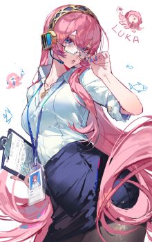 1girl absurdres adjusting_eyewear alternate_costume black_pantyhose blue_eyes blue_nails blue_skirt breasts chinese_commentary clipboard collared_shirt commentary_request contrapposto cowboy_shot english_text fine_fabric_emphasis glasses hair_between_eyes hand_up headphones headset highres holding holding_clipboard id_card jewelry kako_(pixiv77158173) lanyard long_hair looking_at_viewer medium_breasts megurine_luka miniskirt mole mole_under_mouth office_lady pantyhose pencil_skirt pendant pink_hair puckered_lips rectangular_eyewear semi-rimless_eyewear shirt sidelocks simple_background skirt sleeve_rolled_up solo takoluka taut_clothes taut_skirt very_long_hair vocaloid white_background white_shirt