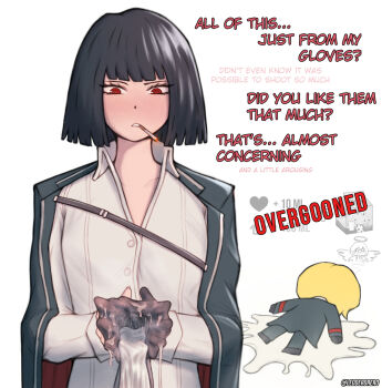 1boy 1girl after_ejaculation black_hair blonde_hair blush bob_cut chibi cigarette collarbone collared_shirt commentary cum cum_in_gloves cum_overflow english_commentary english_text flat_chest glove_spread gloves hetero highres holding holding_gloves holding_unworn_clothes leoderorero limbus_company long_hair long_sleeves looking_at_viewer open_mouth pants project_moon red_eyes ringed_eyes ryoshu_(project_moon) shirt short_hair simple_background sinclair_(project_moon) single_glove smoking steam sweat twitter_username unworn_gloves very_long_hair white_background white_shirt