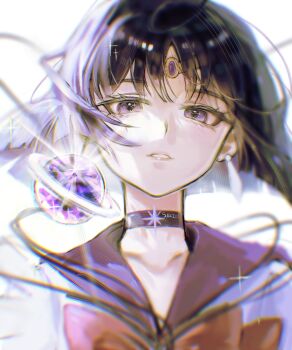 1girl absurdres backlighting bishoujo_senshi_sailor_moon black_hair bob_cut bow choker circlet collarbone earrings expressionless gem highres jewelry looking_at_viewer magical_girl name_connection object_namesake parted_lips purple_choker purple_eyes purple_gem purple_sailor_collar red_bow sailor_collar sailor_saturn sailor_senshi_uniform sakiyo saturn_(planet) short_hair simple_background solo star_(symbol) star_choker tomoe_hotaru upper_body white_background