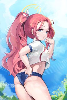 1girl absurdres adjusting_buruma adjusting_clothes ass blue_archive blue_buruma blue_eyes blue_sky breasts buruma cloud cowboy_shot day forehead from_behind gym_uniform hair_ribbon halo highres huge_filesize kraken_mikan loli long_hair looking_at_viewer looking_back ojou-sama_pose open_mouth outdoors ponytail red_hair ribbon shirt short_sleeves sky small_breasts solo sweat thighs underboob very_long_hair white_shirt yellow_halo yuzu_(blue_archive)