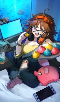 1girl :3 ahoge air_bubble animal bag bangle barefoot bindi black-framed_eyewear blue_overalls bow_hairband bracelet breasts brown_eyes brown_hair bubble celeb_summer_experience! character_doll commentary_request computer denim_overalls doll drinking_straw fate/grand_order fate_(series) fish fish_tank food food_on_face food_request fujimaru_ritsuka_(female) fujimaru_ritsuka_(male) ganesha_(fate) glasses hairband hamster handheld_game_console headphones headphones_around_neck holding holding_food holding_tray ice ice_cube jewelry jumping kaneko_kotomi karna_(fate) laptop long_hair looking_at_viewer off-shoulder_shirt off_shoulder official_alternate_costume official_art open_bag open_mouth overalls red_hairband shirt sidelocks single_bare_shoulder sitting smile solo sparkle stuffed_animal stuffed_toy suspenders suspenders_slip third-party_source tray v-shaped_eyebrows very_long_hair yellow_shirt