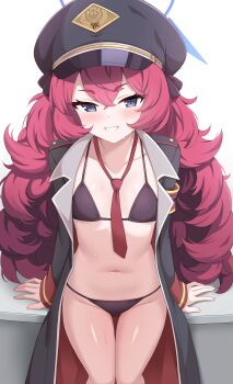 1girl absurdres bikini black_bikini black_eyes black_hat black_jacket blue_archive blue_halo blush commentary enru halo hat highres iroha_(blue_archive) jacket long_hair looking_at_viewer navel necktie open_clothes open_jacket red_hair red_necktie smile solo swimsuit teasing