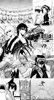 1girl 6+boys armor asakura_yoh aura bason battle beard blood cape chinese_clothes corpse evil_grin evil_smile facial_hair fighting ghost goldva grin hairband headphones highres holding holding_sword holding_weapon horse jiangshi katana long_hair looking_at_viewer mask monochrome multiple_boys multiple_others muscular nature night official_art panda polearm ponytail possessed possession riding_crop samurai sequential serious shaman_king silva_(shaman_king) sky smile spiked_hair standing sweat sword tamamura_tamao tao_ren tattoo teamwork tokagerou translation_request umemiya_ryuunosuke usui_horokeu very_long_hair weapon wooden_sword aged_down zombie