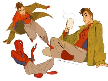 1boy arm_up beard_stubble bodysuit brown_eyes brown_hair coffee_mug collared_jacket cup dingnin98201637 facial_hair grey_pants hand_on_own_chin hashtag-only_commentary highres holding holding_cup indian_style jacket male_focus marvel mug multicolored_bodysuit multiple_views open_clothes open_jacket pants peter_b_parker simple_background sitting sketch spider-man:_across_the_spider-verse spider-man_(series) spider-verse spider_web_print steam stubble superhero_costume sweatpants white_background