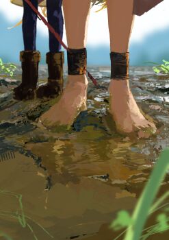 Rule 34 | absurdres, barefoot, blonde hair, blurry, blurry foreground, boots, brown boots, brown shoes, commentary request, frieren, grass, highres, koukouya, serie (sousou no frieren), shoes, sousou no frieren, standing, thighhighs, wetland