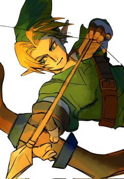 1boy arrow_(projectile) blonde_hair blue_eyes bow_(weapon) brown_gloves closed_mouth drawing_arrow fingerless_gloves furrowed_brow gloves green_hat green_tunic hat highres holding holding_arrow holding_bow_(weapon) holding_weapon link male_focus maruco5569 nintendo parted_bangs phrygian_cap pointy_ears short_hair shoulder_belt sketch solo the_legend_of_zelda the_legend_of_zelda:_ocarina_of_time tunic weapon white_background