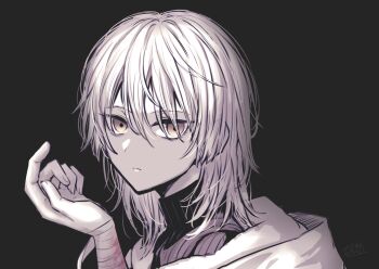 1boy angel_beats! bandaged_arm bandages brown_eyes closed_mouth grey_background hair_between_eyes hand_up hood hood_down hooded_jacket jacket kirisaki_(angel_beats!) looking_at_viewer male_focus monochrome nakamura_hinato ribbed_sweater signature simple_background solo spot_color sweater turtleneck turtleneck_sweater upper_body