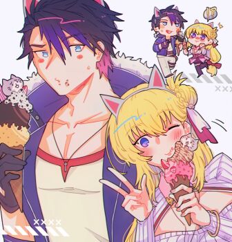 1boy 1girl agnes_claudel animal_ear_hairband animal_ears black_gloves black_hair blonde_hair blue_hair bracelet braid bun_with_braided_base cat_ear_hairband cat_ears chibi cleavage_cutout closed_mouth clothing_cutout coat commentary double-parted_bangs earrings eiyuu_densetsu english_commentary fake_animal_ears food fur_collar gloves hair_between_eyes hair_bun hairband highres holding holding_food holding_ice_cream_cone ice_cream_cone jewelry kai_no_kiseki kuro_no_kiseki_(series) long_hair looking_at_viewer misa_fullmetal mullet multicolored_hair necklace open_mouth ribbed_sweater short_hair sidelocks single_side_bun smile streaked_hair sweater two-tone_hair v van_arkride
