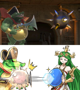 Rule 34 | 1boy, 1girl, antique firearm, blocking, blunderbuss, chain, closed eyes, crown, donkey kong (series), firearm, game screenshot inset, gold chain, green hair, gun, hat, highres, holding, holding gun, holding shield, holding weapon, imminent explosion, kicdon, kid icarus, kid icarus uprising, king k. rool, long hair, nintendo, palutena, pirate hat, screenshot inset, shield, smile, sparkle, spike ball, super smash bros., very long hair, weapon