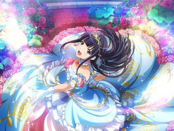 Rule 34 | 1girl, blue dress, blue eyes, blue hair, blunt bangs, brick wall, cinderella (fairy tale), cinderella (fairy tale character), cinderella (fairy tale character) (cosplay), cosplay, detached sleeves, dress, earrings, floating hair, flower, flower earrings, from above, game cg, gloves, jewelry, long hair, looking at viewer, necklace, official art, open mouth, puffy detached sleeves, puffy sleeves, rose, shoujo kageki revue starlight, shoujo kageki revue starlight -re live-, sidelocks, solo, spinning, tiara, tsuyuzaki mahiru, white gloves