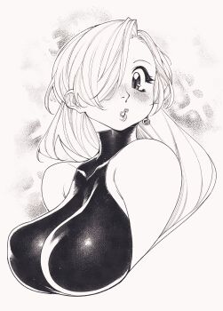 1girl absurdres bare_shoulders black_leotard blush breasts covered_erect_nipples cropped_torso diffraction_spikes earrings elizabeth_liones gofa greyscale hair_over_one_eye highres impossible_clothes impossible_leotard jewelry large_breasts leotard lipstick long_hair looking_at_viewer makeup monochrome nanatsu_no_taizai parted_lips single_earring solo sphere_earrings