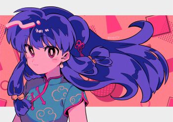 bell blush_stickers chinese_clothes circle hair_bell hair_ornament highres looking_at_viewer menma_(enaic31) purple_hair ranma_1/2 red_eyes shampoo_(ranma_1/2) smile solo square triangle twitter_username