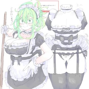 1girl absurdres alternate_costume alternate_hairstyle apron arm_up black_dress black_garter_belt black_garter_straps black_thighhighs blush boku_no_hero_academia breasts choker cleavage closed_mouth clothes_lift crotchless crotchless_panties dress dress_lift enmaided eyebrows_hidden_by_hair flashing frilled_apron frilled_choker frills garter_belt garter_straps gluteal_fold green_eyes green_hair groin hagakure_toru hair_between_eyes hair_bun hand_on_own_hip highres holding invisible large_breasts lifting_own_clothes looking_at_viewer maid maid_apron maid_headdress mocamocaink multiple_views outstretched_arm panties ringed_eyes short_dress short_sleeves simple_background single_hair_bun sketch smile thigh_gap thighhighs underwear unusually_visible v-shaped_eyebrows white_apron white_background