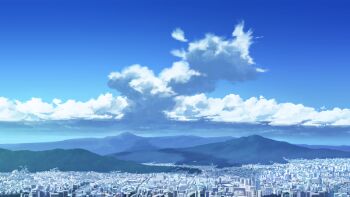 arata_(ochadesu123) blue_sky city cloud cloudy_sky commentary_request day highres hill landscape mountainous_horizon no_humans original outdoors photoshop_(medium) scenery sky summer