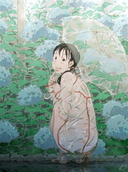 1girl ass black_eyes black_hair blue_flower blush brown_sandals coat commentary exhibitionism facing_away flower foliage hand_to_own_mouth highres hood hood_down hydrangea index_fingers_raised lips long_hair looking_at_viewer looking_back low_ponytail monodevil naked_coat naked_raincoat nude original path ponytail public_indecency rain raincoat raised_eyebrows road sandals see-through_clothes see-through_raincoat signature smile solo squatting stone transparent transparent_umbrella umbrella utility_pole wet wet_hair