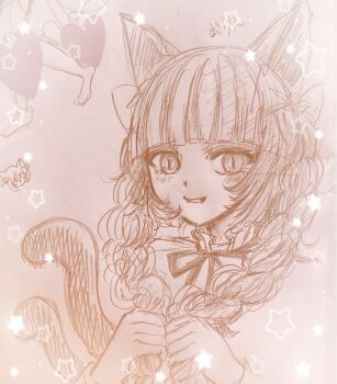 1girl animal_ears blunt_bangs blush bow bowtie braid cat_ears cat_girl cat_tail character_name commentary dress fangs hair_bow highres kaenbyou_rin multiple_tails own_hands_together red_hair rgley sketch slit_pupils solo star_(symbol) tail touhou translated twin_braids two_tails