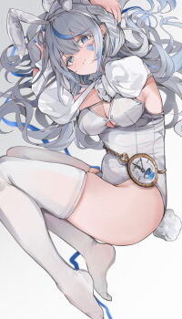 1girl absurdres alternate_costume amagai_ruka animal_ears appleseed_(appleseed_art) ass blue_eyes blue_hair blue_nails blush braid breasts chain clock commentary detached_sleeves ear_piercing fake_animal_ears grey_hair head_on_hand highres huge_ass juliet_sleeves large_breasts leotard long_hair long_sleeves looking_at_viewer men_(amagai_ruka) multicolored_hair nail_polish piercing playboy_bunny puffy_sleeves rabbit_ears rabbit_tail short_sleeves tail thighhighs thighs virtual_youtuber weather_planet white_leotard white_thighhighs
