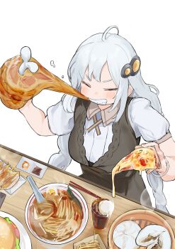 1girl ahoge black_dress blush bone boned_meat bowl braid burger cheese clenched_teeth closed_eyes collared_shirt cup dress drink drinking_glass eating food from_above hair_ornament highres holding holding_food kizuna_akari low_twin_braids meat noodles pinafore_dress pizza pocche-ex ramen shirt short_sleeves simple_background sleeveless sleeveless_dress solo steam steamed_bun table teeth twin_braids vocaloid voiceroid white_background white_hair white_shirt