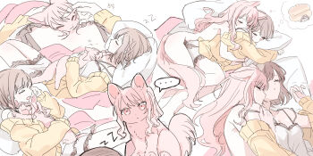 ... 2girls akiyama_mizuki animal animal_ears animal_hug animal_on_chest animalization bare_shoulders barefoot bed_sheet between_breasts blush bob_cut braid breasts brown_hair cardigan cat cat_ears cat_stretch cat_tail chemise cleavage closed_eyes closed_mouth commentary completely_nude couple dreaming facing_another frilled_chemise front-to-back hair_down hands_up head_between_breasts head_on_pillow highres holding holding_animal hug hug_from_behind kaesmedubu kemonomimi_mode long_hair long_sidelocks looking_down loose_clothes lying lying_on_person multiple_girls nightmare nude on_back on_side open_cardigan open_clothes open_mouth parted_lips petting pillow pink_eyes pink_fur pink_hair project_sekai ribbon rubbing_eyes shinonome_ena short_hair side_braid sidelocks single_braid sleeping sleepy spoken_ellipsis stretching swept_bangs symbol-only_commentary tail teardrop white_chemise white_ribbon yawning yellow_cardigan yuri zzz