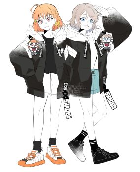 2girls blue_eyes brown_hair grey_hair hood hoodie jacket love_live! love_live!_sunshine!! multiple_girls open_clothes open_jacket orange_hair oversized_clothes salute shoes short_hair shorts simple_background sneakers stuffed_toy takami_chika thighs watanabe_you white_background