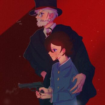 2boys aged_down arsene_lupin_i arsene_lupin_iii beard black_hat blood blood_on_face blue_eyes bow bowtie brown_hair buttons closed_mouth english_text facial_hair grandfather_and_grandson gun hat holding holding_gun holding_weapon juniperlol0 long_sleeves lupin_iii lupin_zero male_focus monocle multiple_boys mustache old old_man red_background red_bow red_bowtie school_uniform serious shirt short_hair simple_background smile smoke standing top_hat weapon white_hair white_shirt