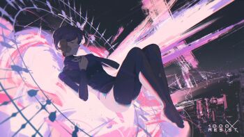 1000xresist 1girl absurdres bodysuit breasts closed_eyes commentary commission copyright_name english_commentary full_body hands_on_own_chest highres mask mouth_mask purple_bodysuit purple_hair raum_en second-party_source see-through_clothes see-through_mask short_hair small_breasts solo watcher_(1000xresist)