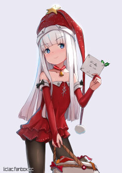 >:) 1girl bare_shoulders black_pantyhose blue_eyes blue_hair blush box christmas closed_mouth collarbone commentary_request dress elbow_gloves gift gift_box gloves grey_background hat highres holding holding_sack layered_dress leaning_forward liclac loli long_hair looking_at_viewer multicolored_hair original pantyhose partially_fingerless_gloves pleated_dress red_gloves red_hat sack santa_costume santa_hat silver_hair simple_background smile solo standing strapless strapless_dress streaked_hair v-shaped_eyebrows very_long_hair watermark web_address