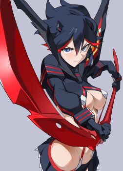Rule 34 | 1girl, absurdres, black hair, black skirt, blue eyes, breasts, commentary, highres, holding, holding sword, holding weapon, kill la kill, life fiber, living clothes, looking at viewer, matoi ryuuko, medium breasts, microskirt, multicolored hair, red hair, red streaks, revealing clothes, scissor blade (kill la kill), senketsu, short hair, showgirl skirt, skirt, streaked hair, suspenders, sword, t-lex, tomboy, two-tone hair, weapon